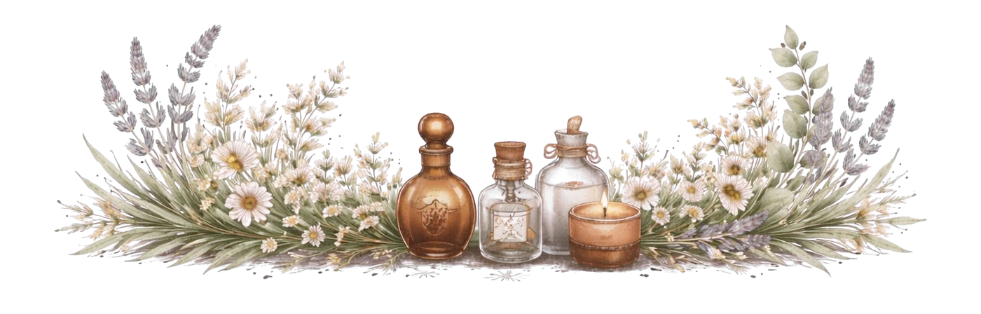 Watercolor lavender, chamomile and eucalyptus around amber apothecary bottles and a lit candle