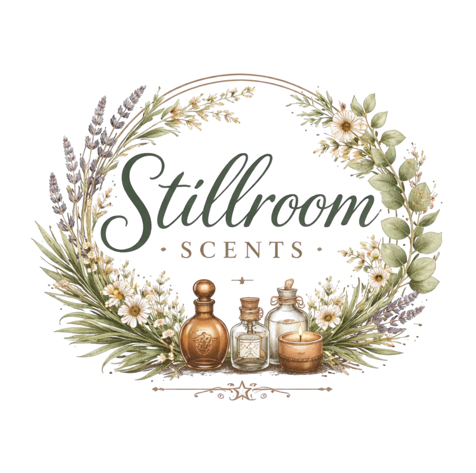 Stillroom Scents logo: a watercolor wreath of lavender, chamomile and eucalyptus around amber apothecary bottles and a lit candle